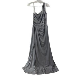 Davids Bridal - Bridesmaid Dress -  Grey One-Shoulder Mesh Dress with Lace Inset